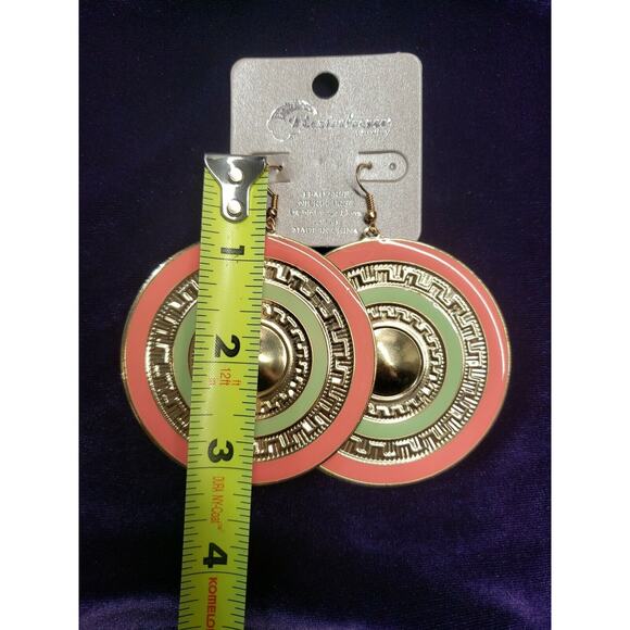 Rainbow Brand BOHO Style Earrings, Very Large, Gold Tone, Pink & Green, NWT - Picture 6 of 7